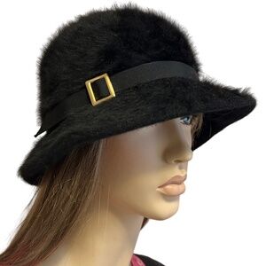 Kangol Fuzzy Angora Hat  Wool Soft Furry Luxe Bucket Cloche Trilby Black Vintage